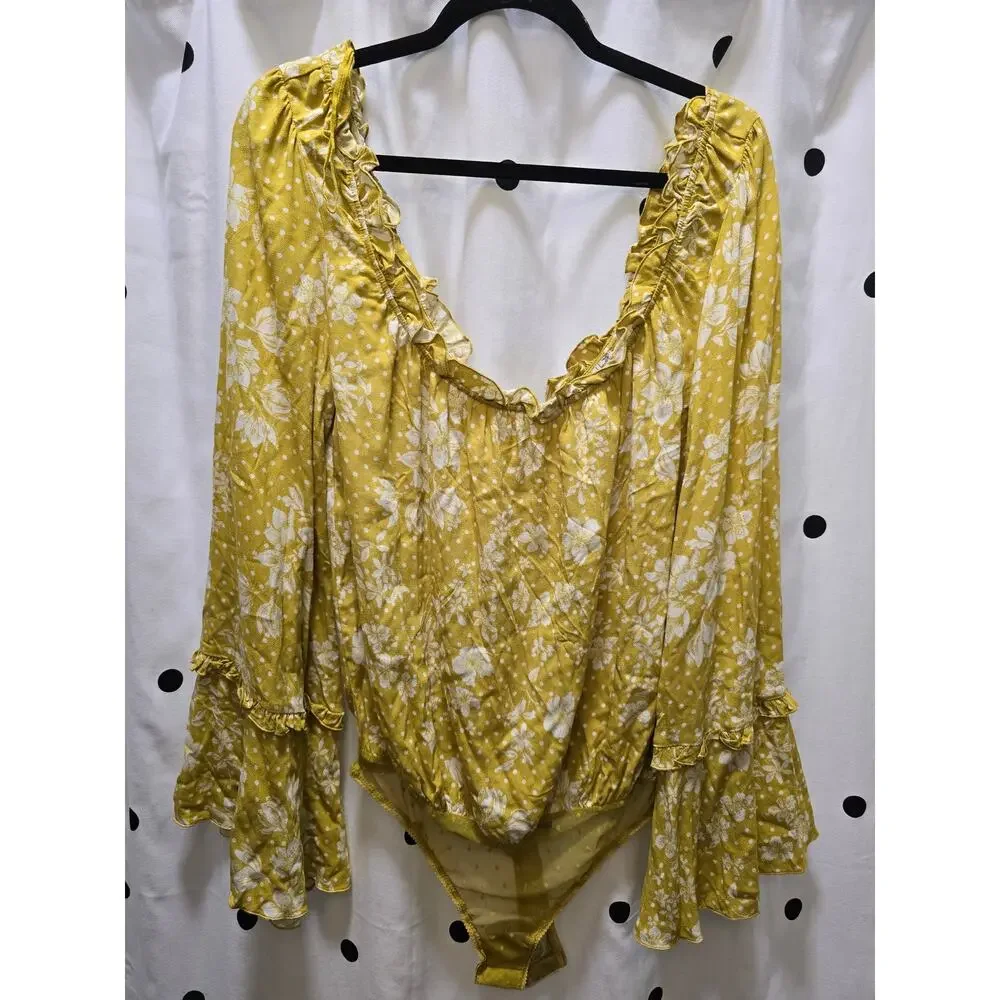 NWT Intimately Free People marigold‎ floral ruffle bell sleeve body suit medium